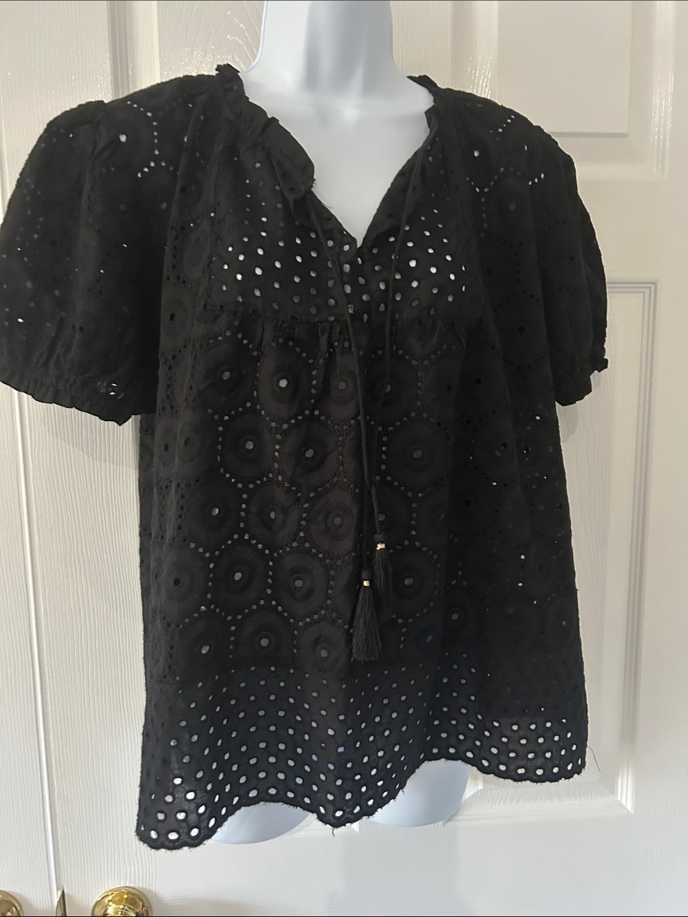 Adiva Black Eyelet Tassel Peasant Blouse